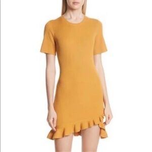 A.L.C Tulum Ribbed Ruffle Hem Mini Dress In Putty Yellow Short Sleeve L
